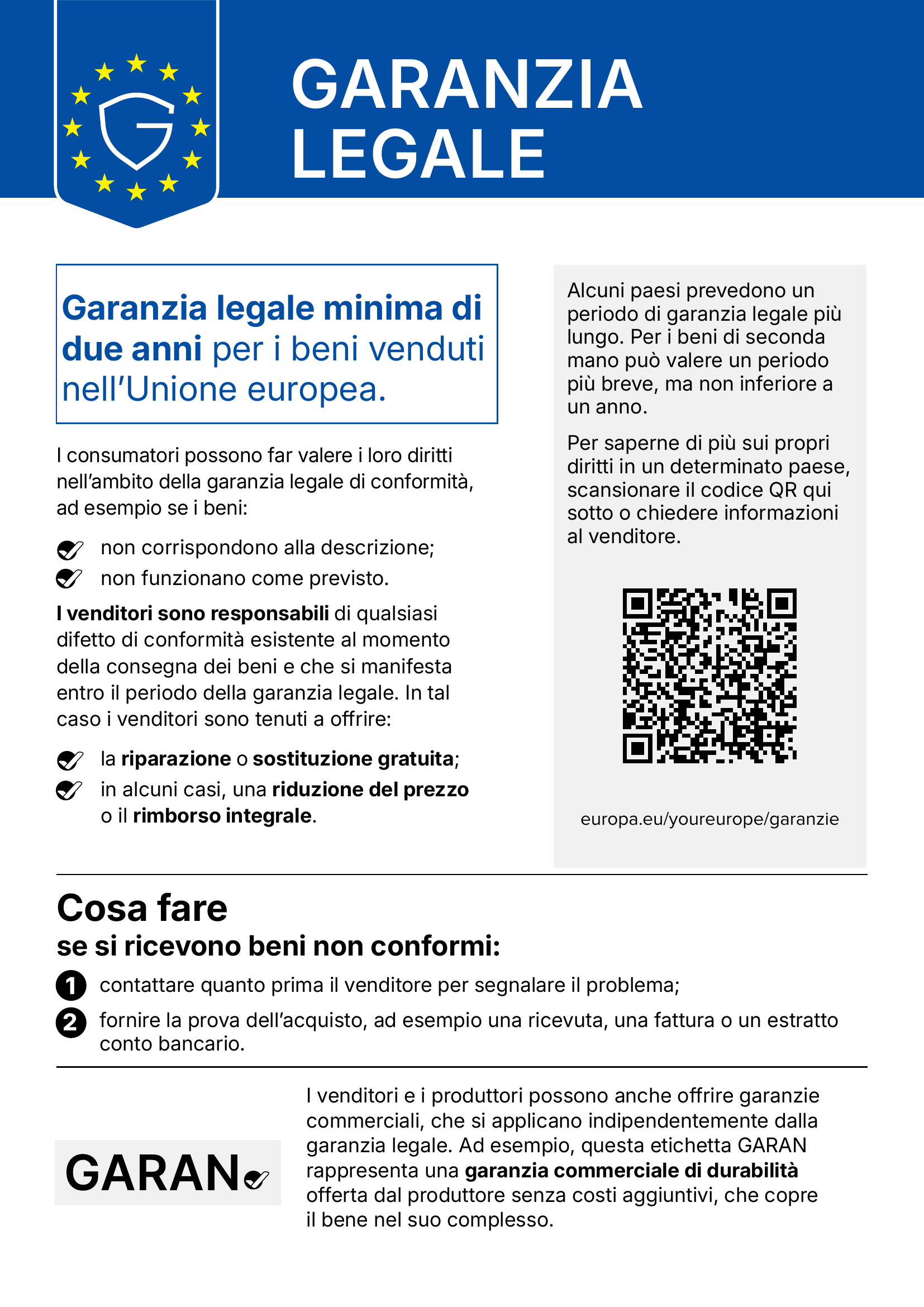Avviso armonizzato europeo sulla garanzia legale di conformità
